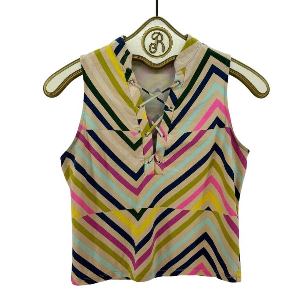 GUESS Y2K Chevron Stripe Tank Top Lace Up Colorful Retro Festival Summer SMALL